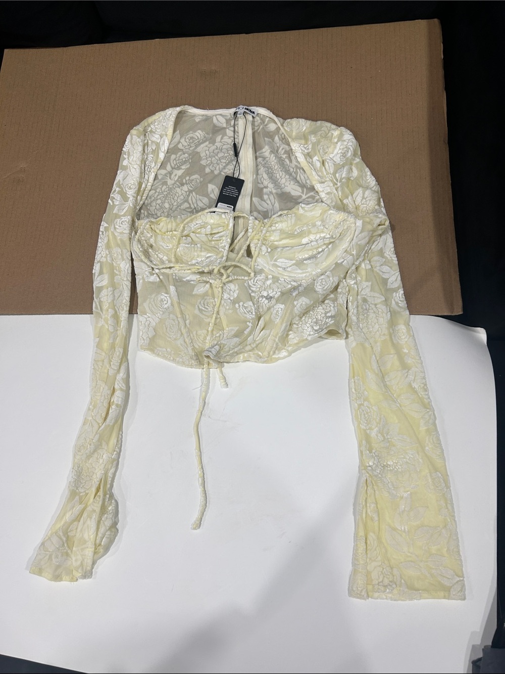 Fashion Nova Pale Yellow Lace Corset Crop Top